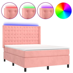 vidaXL Box Spring Bed with Mattress & LED Pink 140x200 cm Velvet