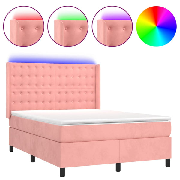 vidaXL Box Spring Bed with Mattress & LED Pink 140x200 cm Velvet