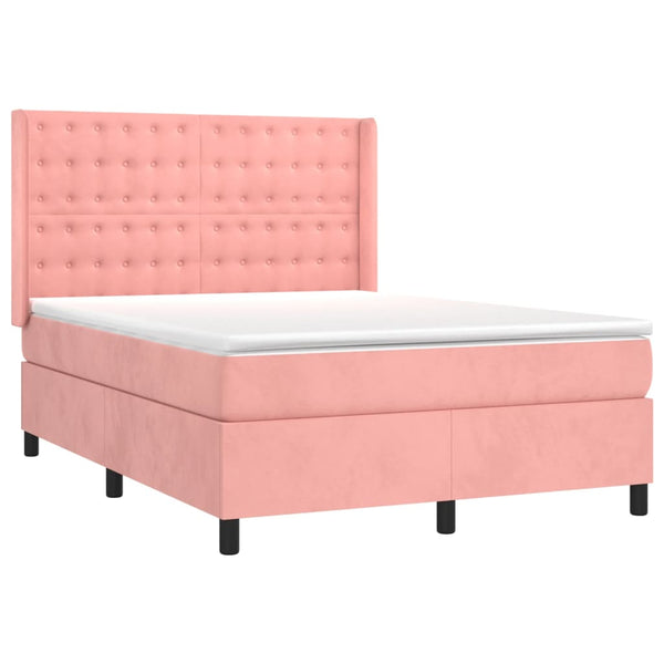 vidaXL Box Spring Bed with Mattress & LED Pink 140x200 cm Velvet