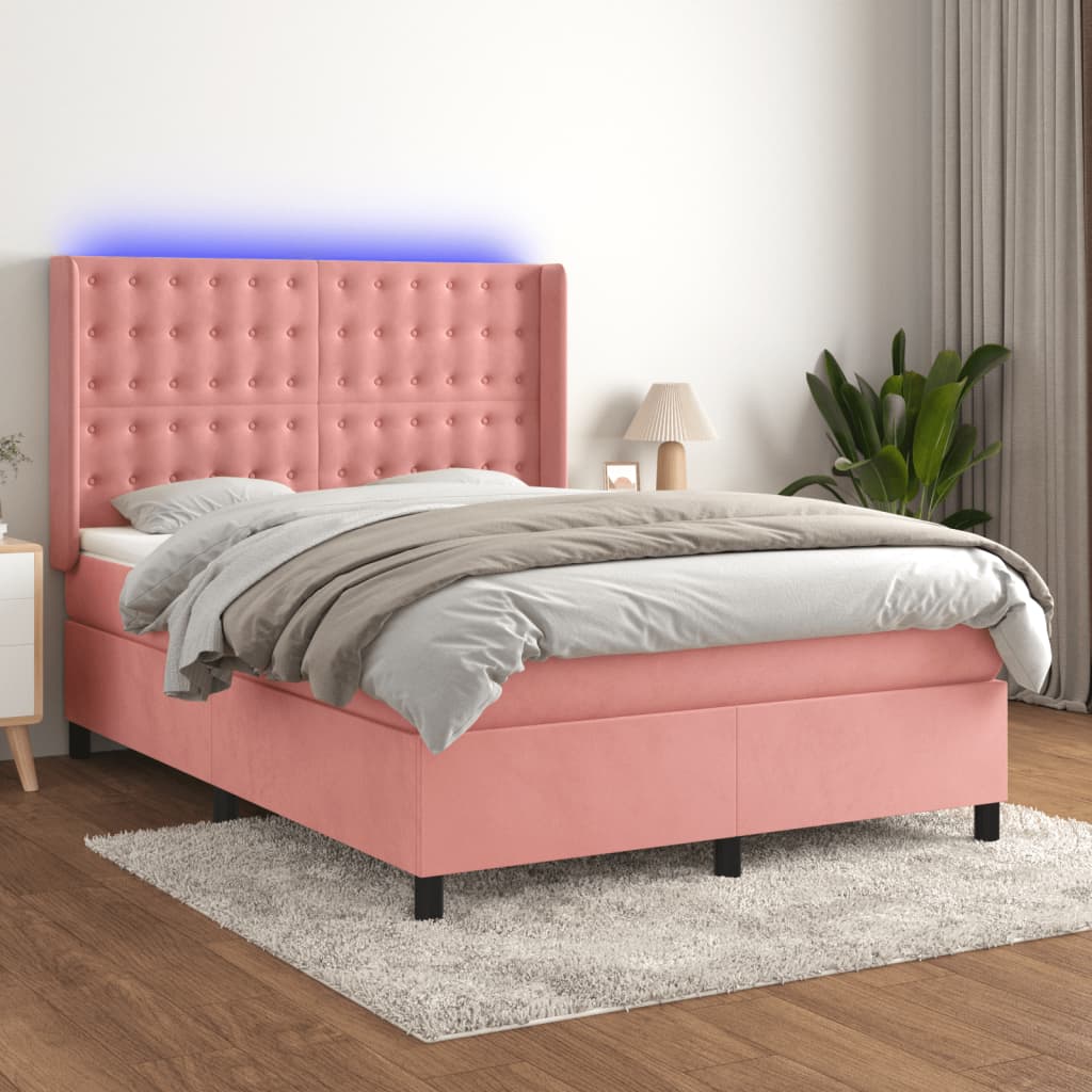 vidaXL Box Spring Bed with Mattress & LED Pink 140x200 cm Velvet