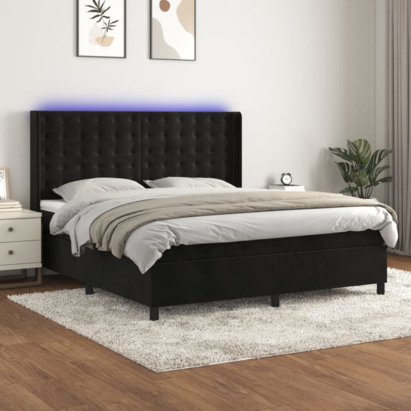 vidaXL Box Spring Bed with Mattress & LED Black 160x200 cm Velvet