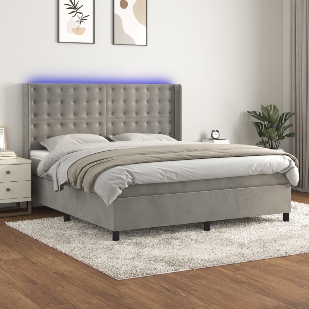 vidaXL Box Spring Bed with Mattress & LED Light Grey 180x200 cm Velvet