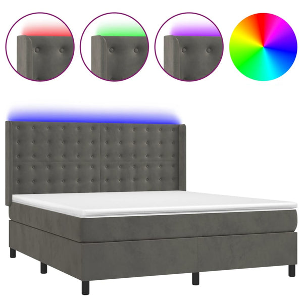 vidaXL Box Spring Bed with Mattress & LED Dark Grey 180x200 cm Velvet