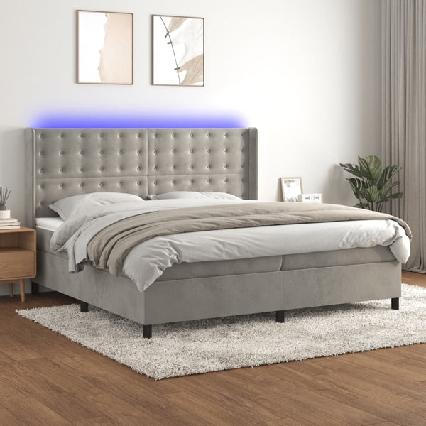 vidaXL Box Spring Bed with Mattress & LED Light Grey 200x200 cm Velvet