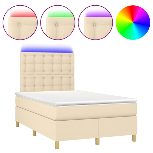 vidaXL Box Spring Bed with Mattress & LED Cream 120x200 cm Fabric