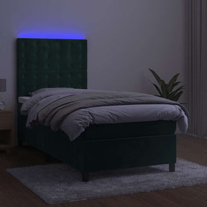 vidaXL Box Spring Bed with Mattress & LED Dark Green 90x190 cm Velvet