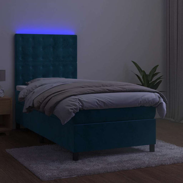 vidaXL Box Spring Bed with Mattress & LED Dark Blue 90x200 cm Velvet
