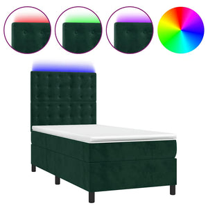 vidaXL Box Spring Bed with Mattress & LED Dark Green 100x200 cm Velvet