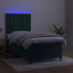 vidaXL Box Spring Bed with Mattress & LED Dark Green 100x200 cm Velvet