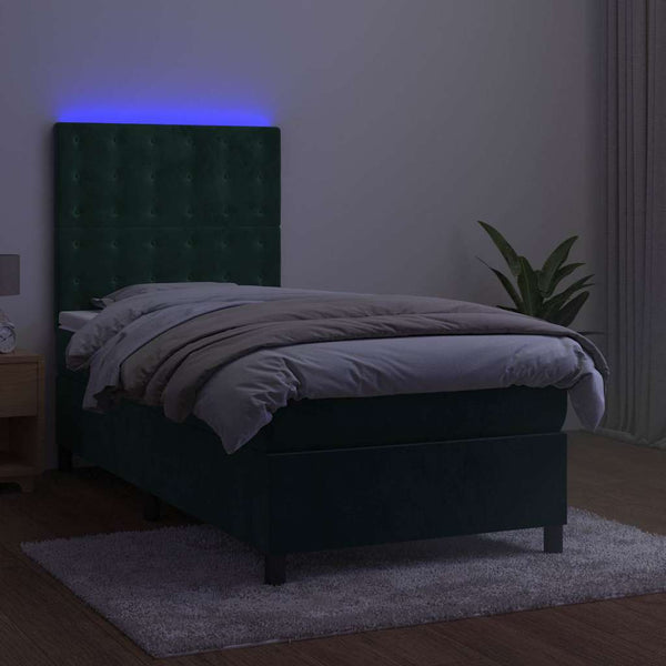 vidaXL Box Spring Bed with Mattress & LED Dark Green 100x200 cm Velvet