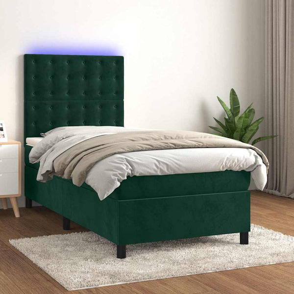 vidaXL Box Spring Bed with Mattress & LED Dark Green 100x200 cm Velvet