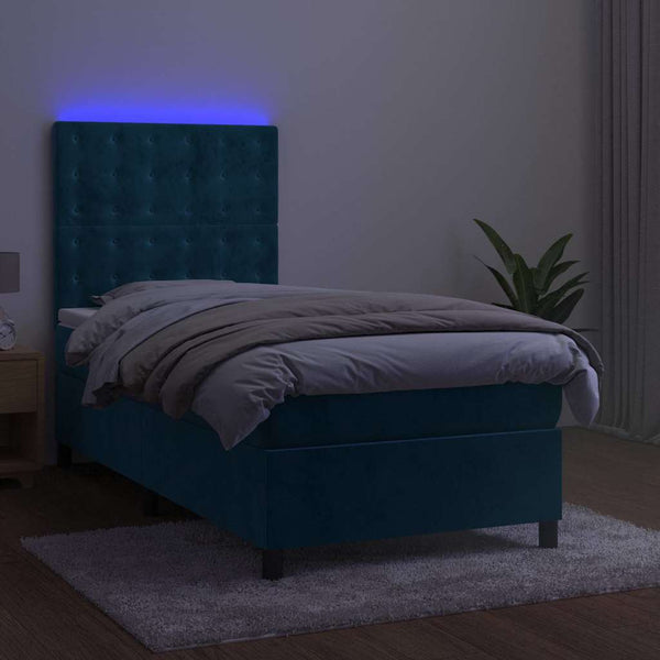 vidaXL Box Spring Bed with Mattress & LED Dark Blue 100x200 cm Velvet