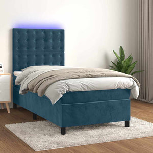 vidaXL Box Spring Bed with Mattress & LED Dark Blue 100x200 cm Velvet