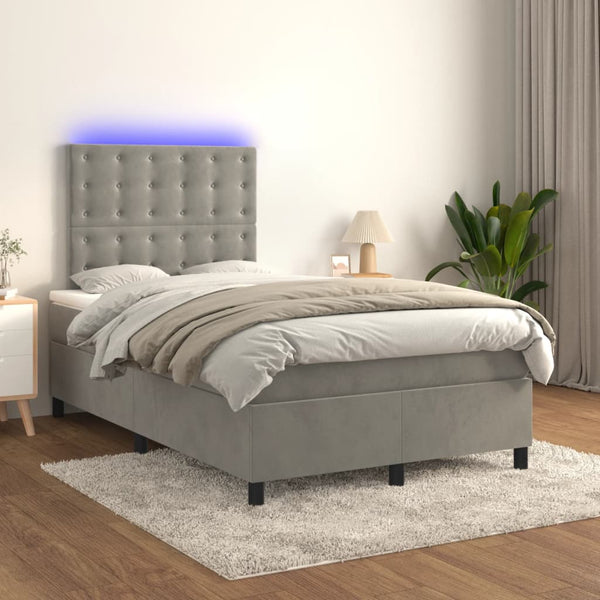 vidaXL Box Spring Bed with Mattress & LED Light Gray 120x200 cm Velvet