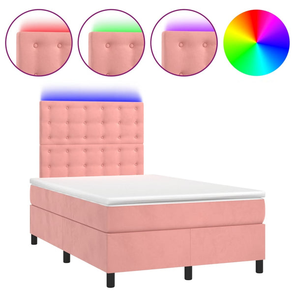 vidaXL Box Spring Bed with Mattress & LED Pink 120x200 cm Velvet