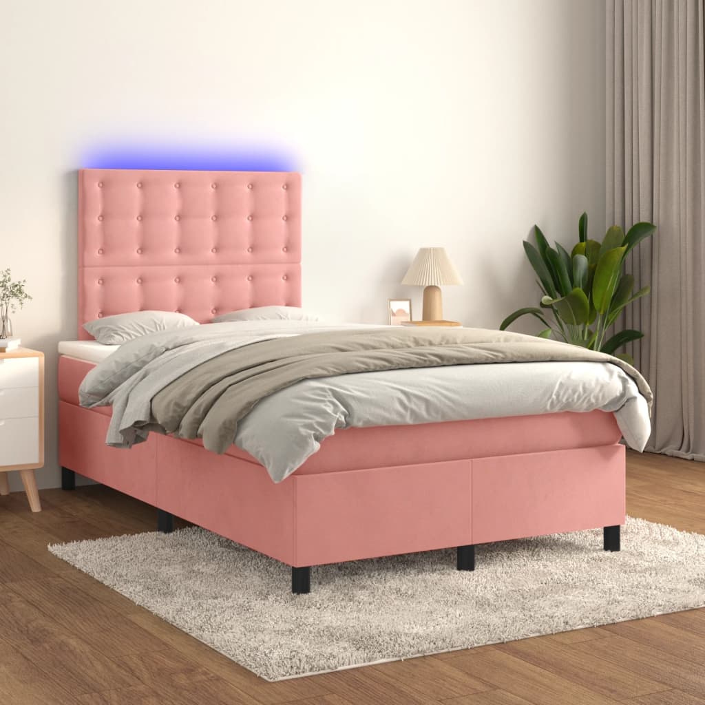 vidaXL Box Spring Bed with Mattress & LED Pink 120x200 cm Velvet