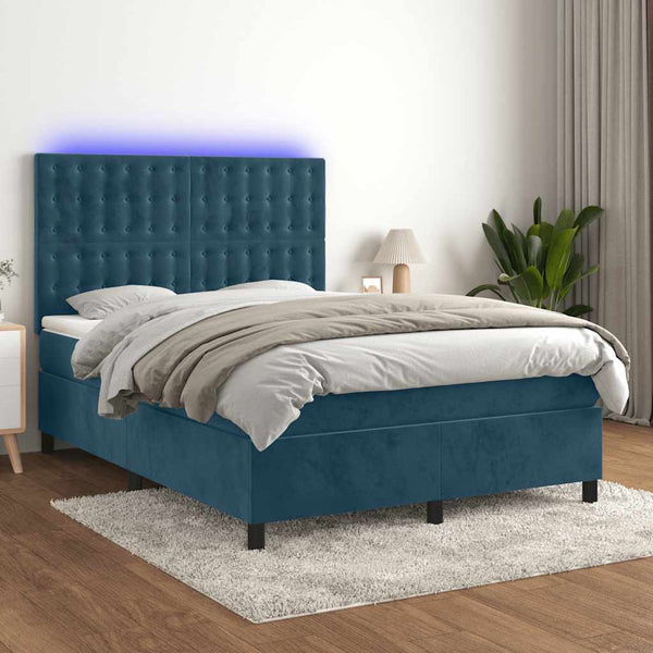 vidaXL Box Spring Bed with Mattress & LED Dark Blue 140x190 cm Velvet