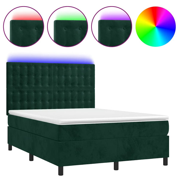 vidaXL Box Spring Bed with Mattress & LED Dark Green 140x200 cm Velvet