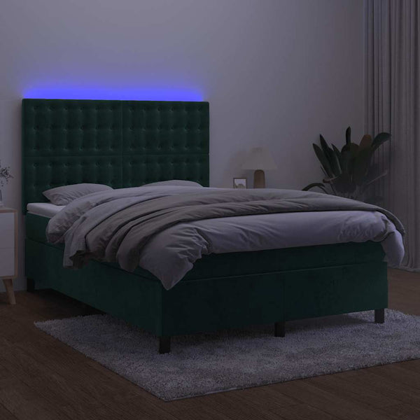 vidaXL Box Spring Bed with Mattress & LED Dark Green 140x200 cm Velvet