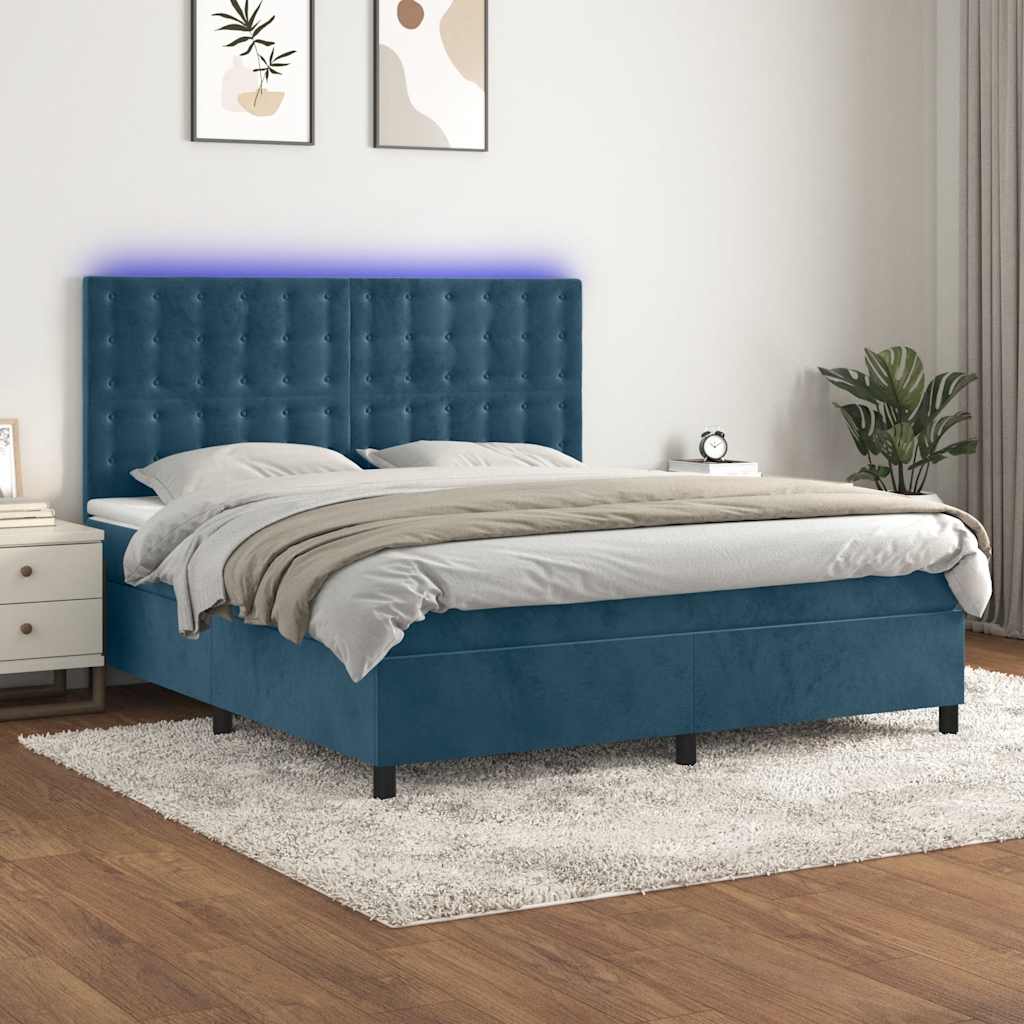 vidaXL Box Spring Bed with Mattress & LED Dark Blue 160x200 cm Velvet