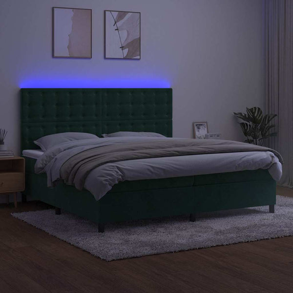 vidaXL Box Spring Bed with Mattress & LED Dark Green 200x200 cm Velvet