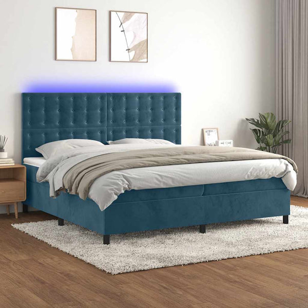 vidaXL Box Spring Bed with Mattress & LED Dark Blue 200x200 cm Velvet