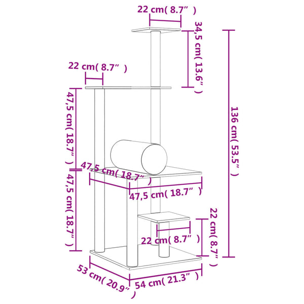 vidaXL Cat Tree with Sisal Scratching Posts Cream 136 cm