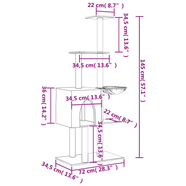 vidaXL Cat Tree with Sisal Scratching Posts Dark Grey 145 cm