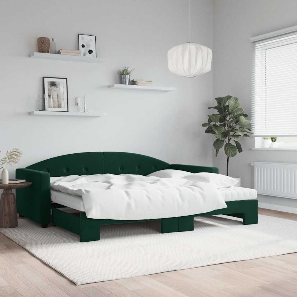 vidaXL Extendable Day Bed with Mattresses Dark Green 90x200 cm Velvet