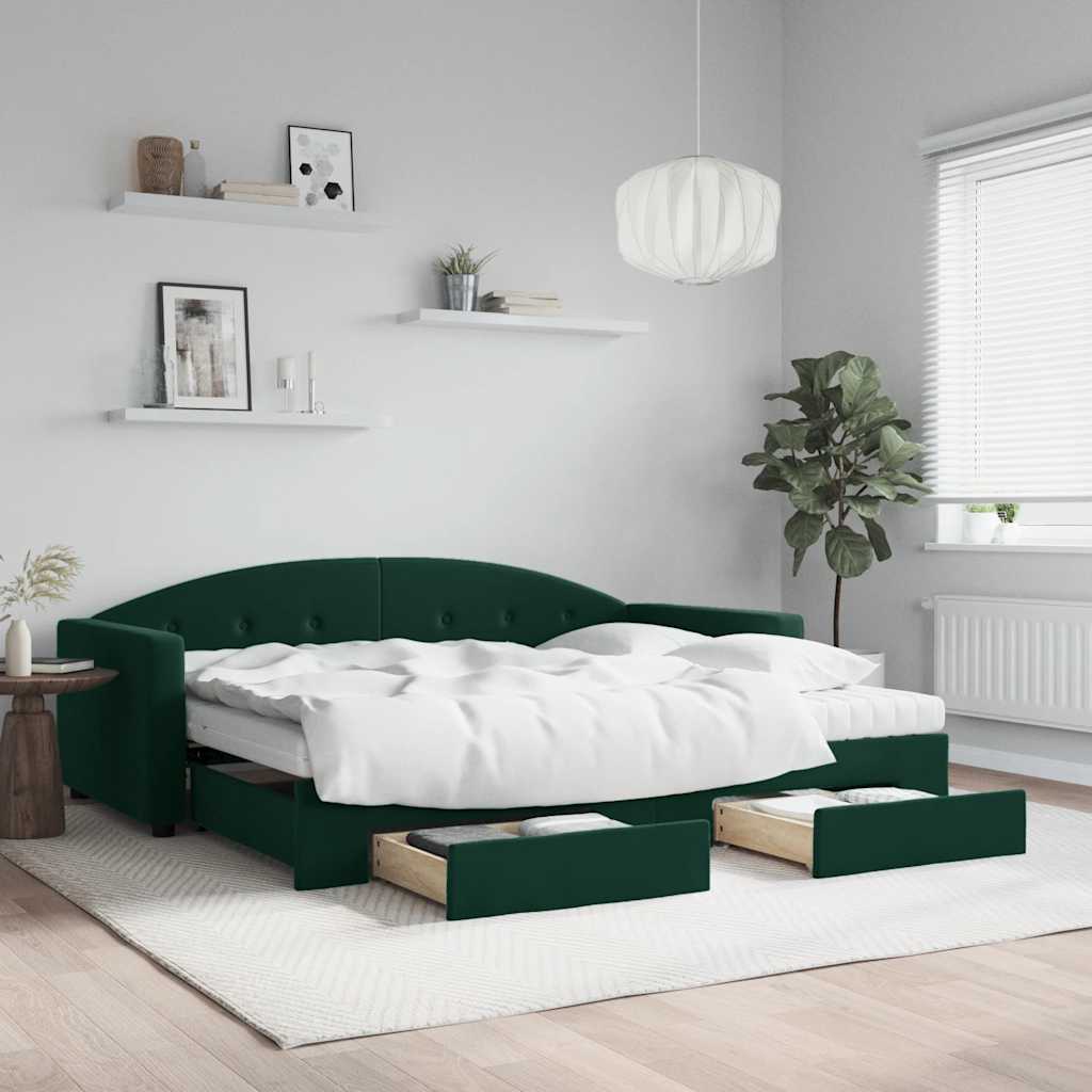 vidaXL Extendable Day Bed with Drawers Dark Green 90x200 cm Velvet