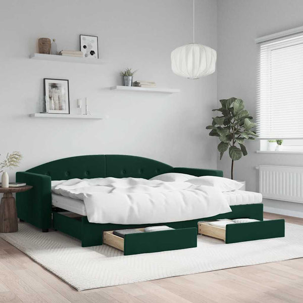 vidaXL Extendable Day Bed with Drawers Dark Green 90x200 cm Velvet