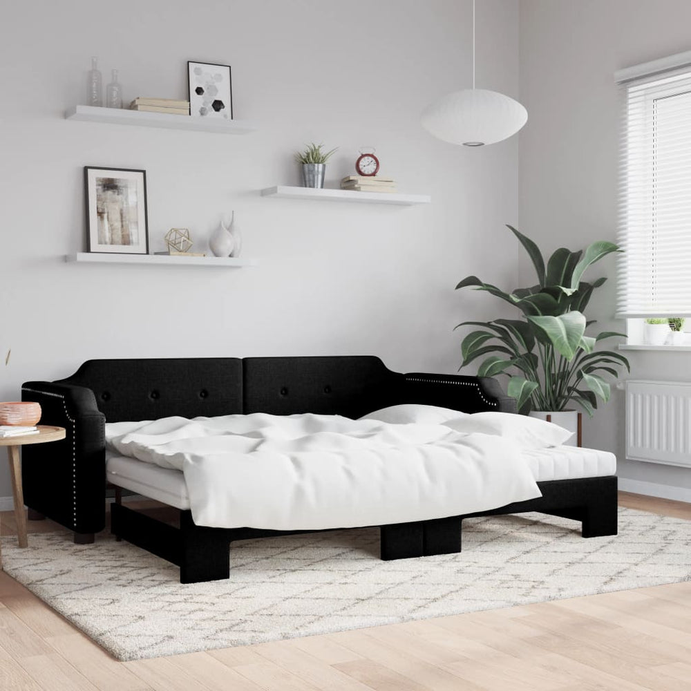 vidaXL Extendable Day Bed with Mattresses Black 90x200 cm Fabric