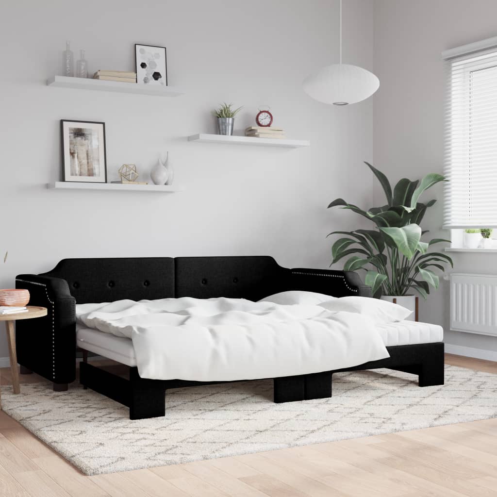 vidaXL Extendable Day Bed with Mattresses Black 90x190 cm Fabric