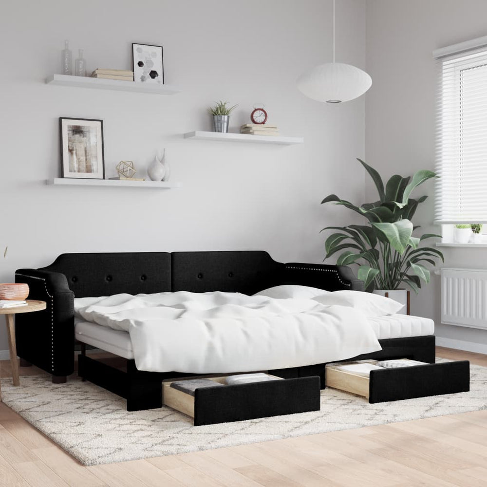 vidaXL Extendable Day Bed with Drawers Black 90x200 cm Fabric