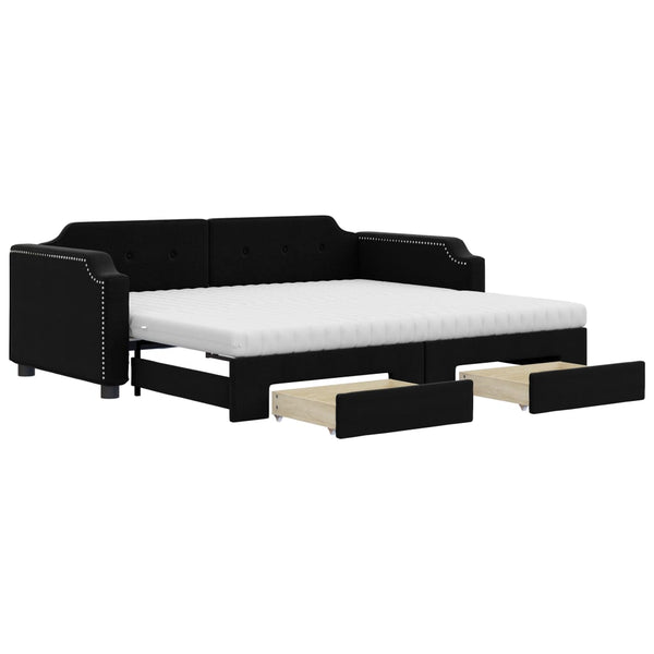 vidaXL Extendable Day Bed with Drawers Black 100x200 cm Fabric