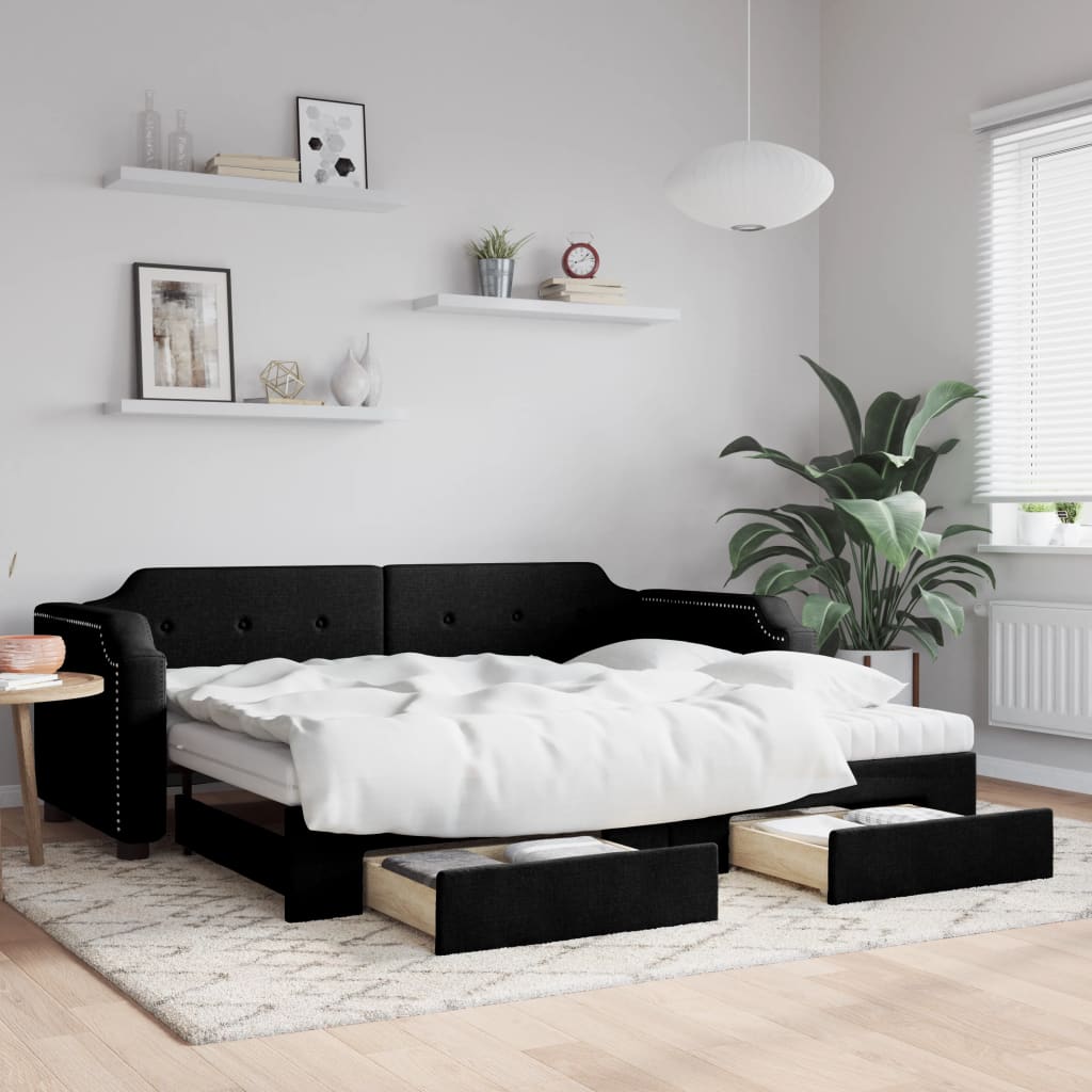 vidaXL Extendable Day Bed with Drawers Black 100x200 cm Fabric