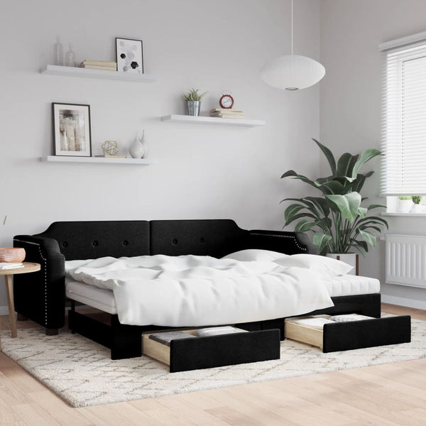 vidaXL Extendable Day Bed with Drawers Black 100x200 cm Fabric