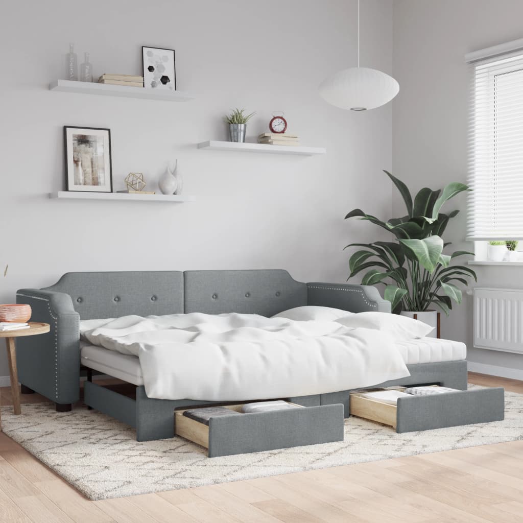 vidaXL Extendable Day Bed with Drawers Light Grey 90x190 cm Fabric