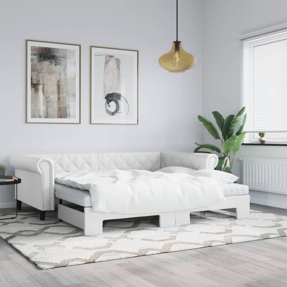 vidaXL Extendable Day Bed with Mattresses White 90x200 cm Faux Leather