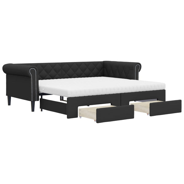 vidaXL Extendable Day Bed with Drawers Black 90x200cm Faux Leather