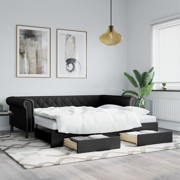 vidaXL Extendable Day Bed with Drawers Black 90x200cm Faux Leather