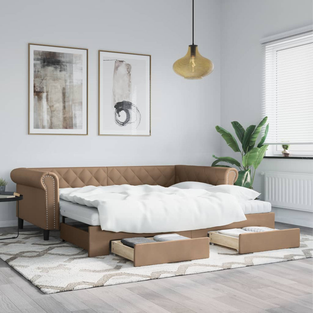 vidaXL Extendable Day Bed with Drawers Brown 90x200 cm Faux Leather