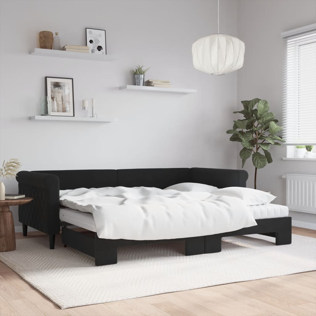 vidaXL Extendable Day Bed with Mattresses Black 90x200 cm Velvet