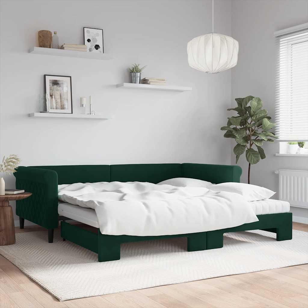 vidaXL Extendable Day Bed with Mattresses Dark Green 100x200 cm Velvet