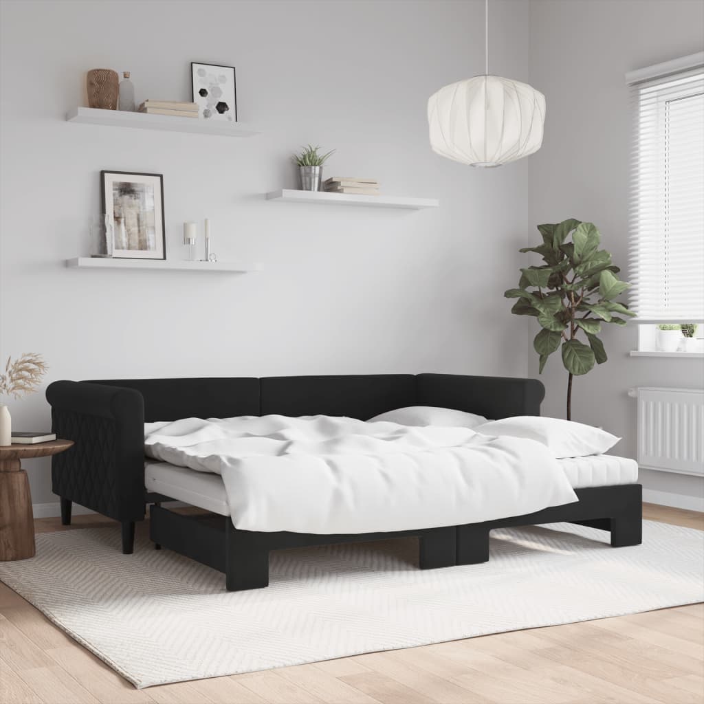 vidaXL Extendable Day Bed with Mattresses Black 90x190 cm Velvet
