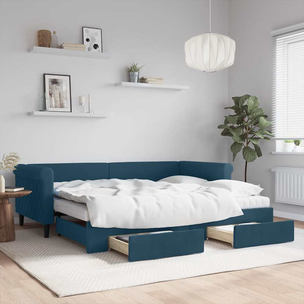 vidaXL Extendable Day Bed with Drawers Blue 90x200 cm Velvet