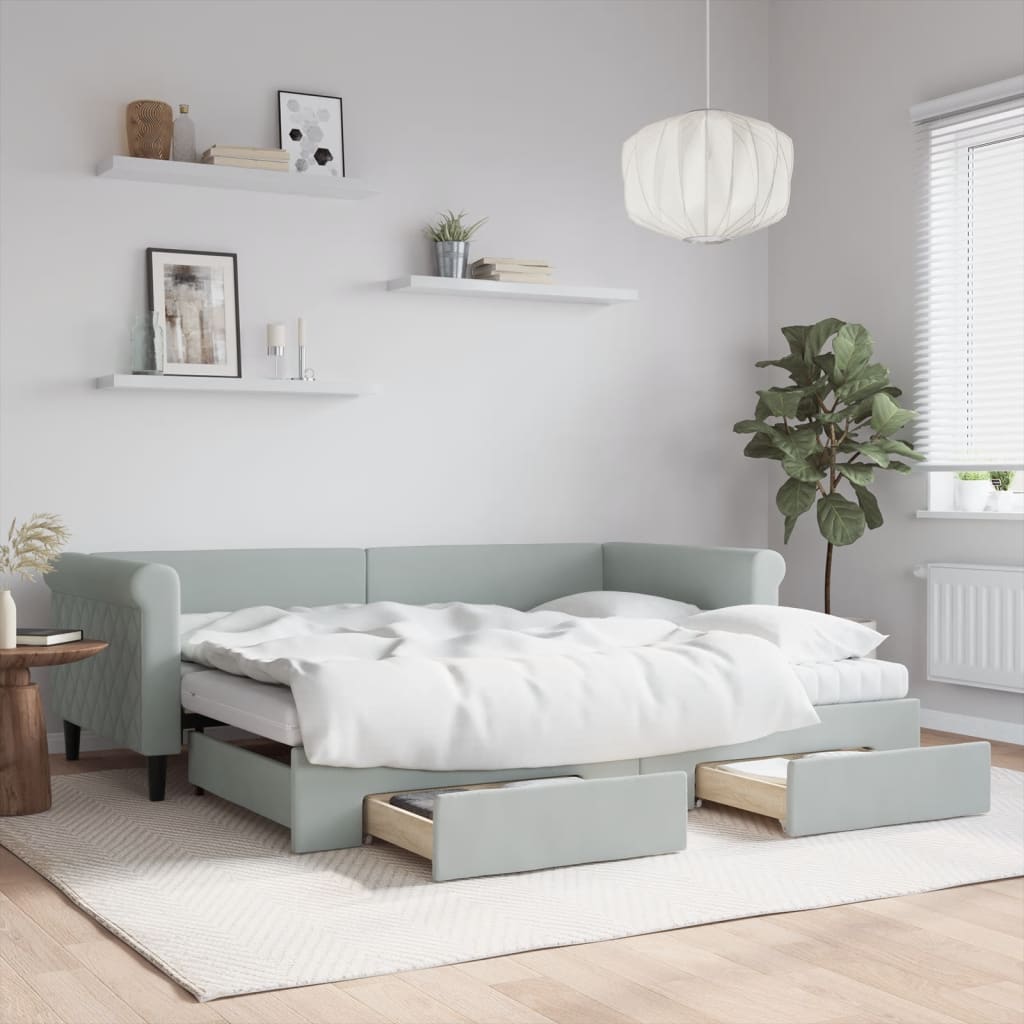 vidaXL Extendable Day Bed with Drawers Light Grey 90x200 cm Velvet