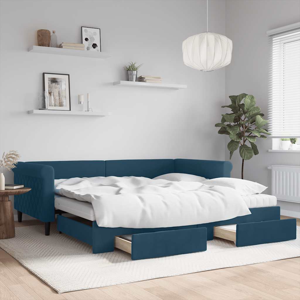 vidaXL Day Bed Extendable with Drawers Blue 100x200 cm Velvet