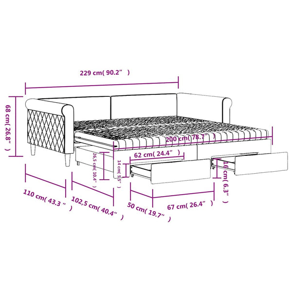 vidaXL Extendable Day Bed with Drawers Dark Grey 100x200 cm Velvet