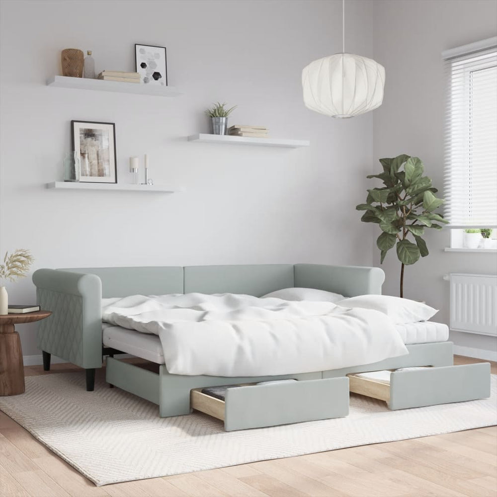 vidaXL Extendable Day Bed with Drawers Light Grey 90x190 cm Velvet